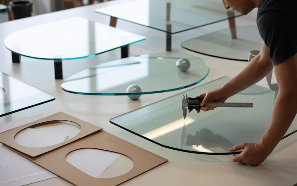Designer measuring glass table tops of various shapes with calipers and templates, showing precision and customization.