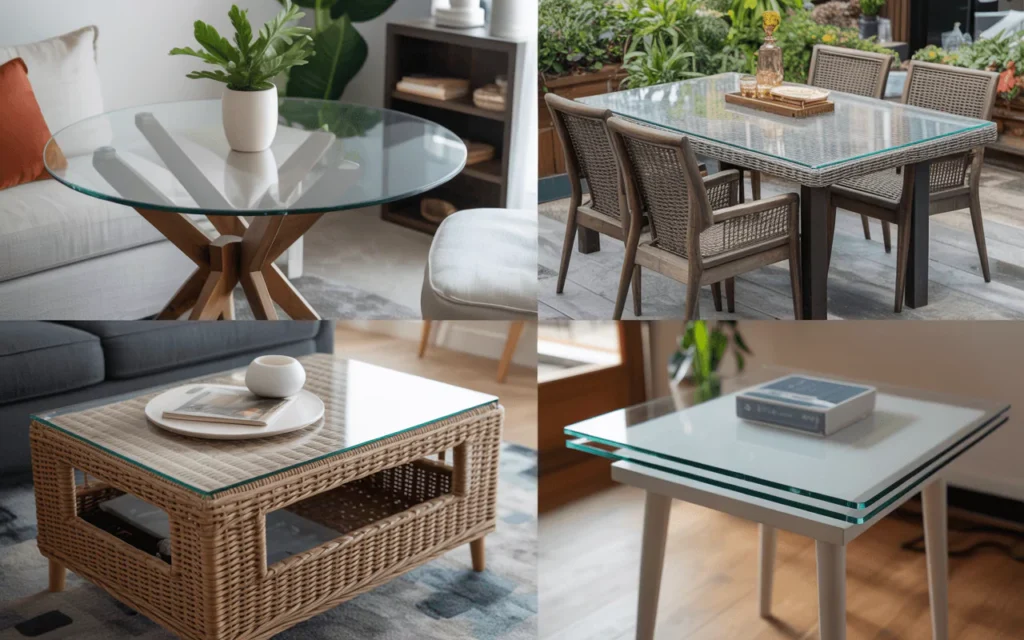 Showroom with round, rectangular, oval, and square glass table tops, plus custom shapes like racetrack and elliptical. 