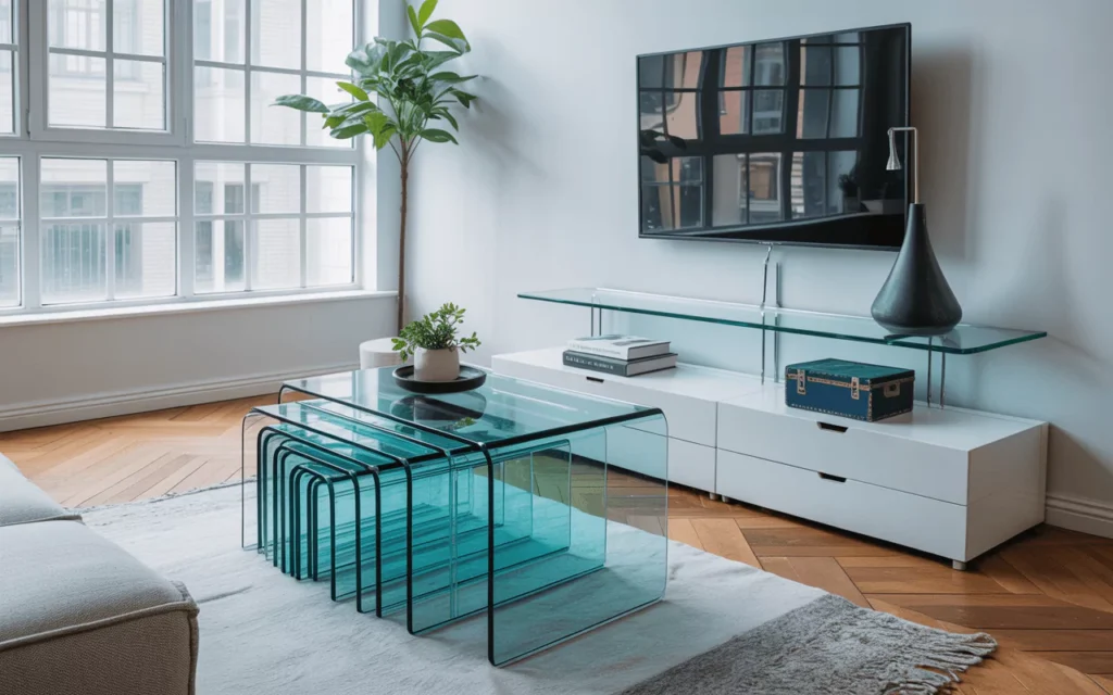 Modern studio with nesting glass tables, floating glass desk, and multifunctional storage topped with custom glass.