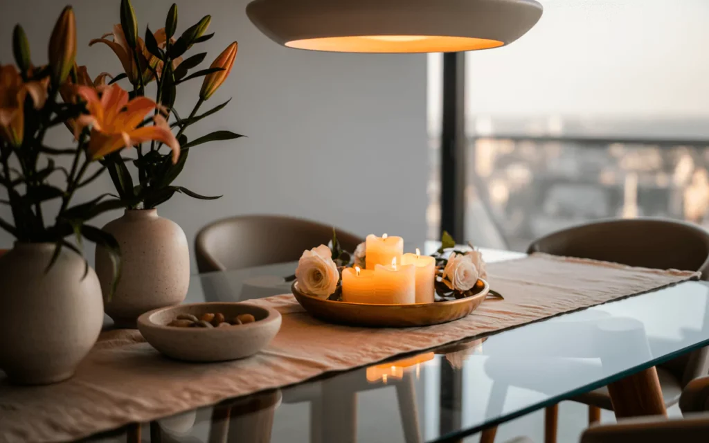 Glass table styled with linen, ceramic vases, and a tray centerpiece under pendant light, reflecting depth and ambiance.