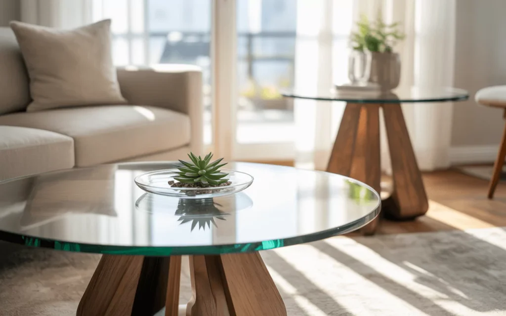 Modern home with tempered glass table top, eco-friendly décor, and a refreshed table showing safety and sustainability.