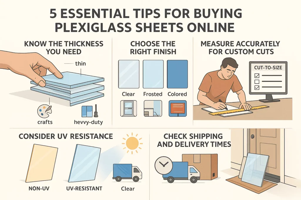 Infographic with 5 tips for buying Plexiglass online: thickness, finish, UV resistance, custom cuts, and delivery.