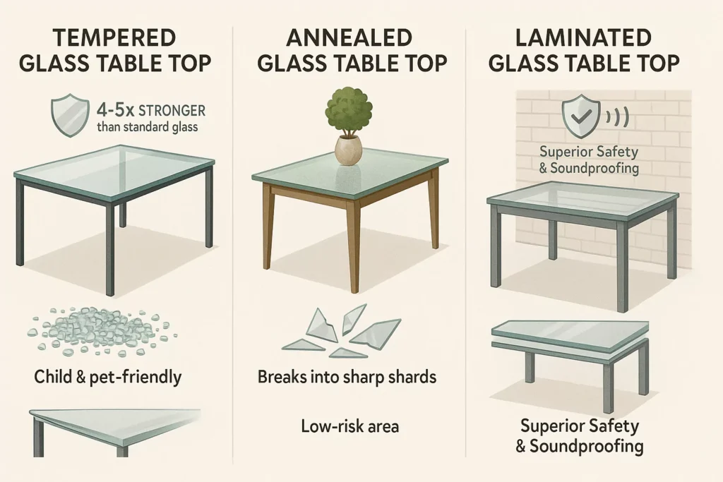 Illustration showing three types of glass table tops: Tempered, Annealed, and Laminated with key features and safety aspects.