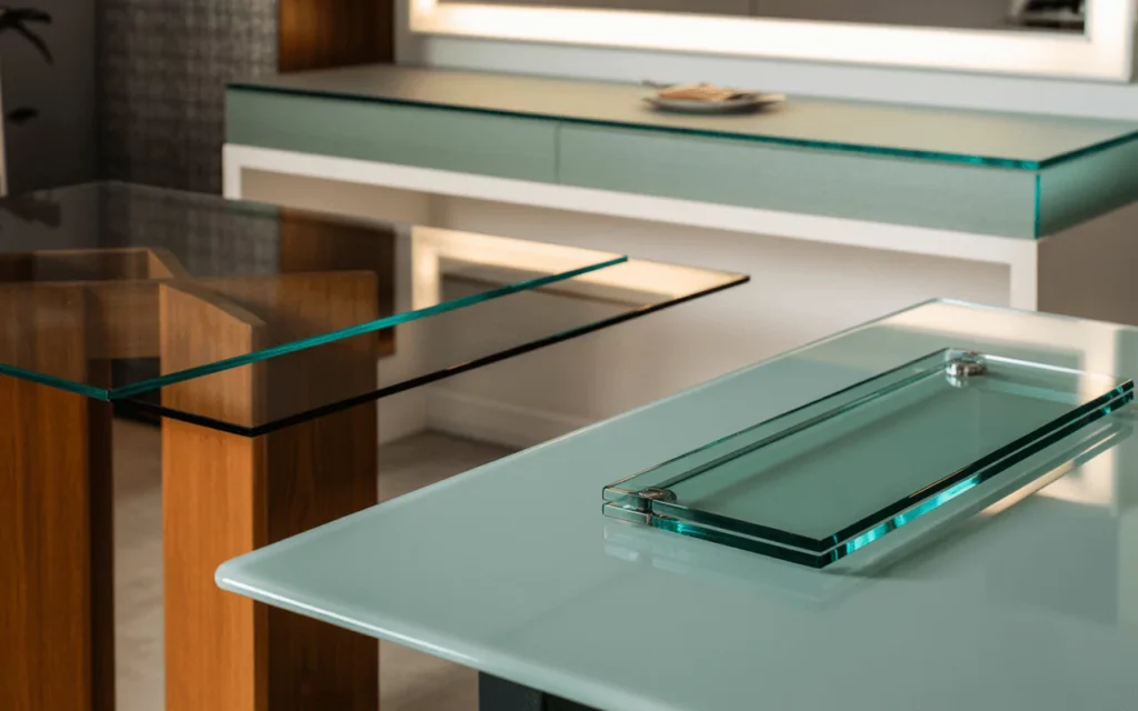 A showroom with tempered, laminated, tinted, frosted, and low-iron glass tables, each showing unique style and finish.