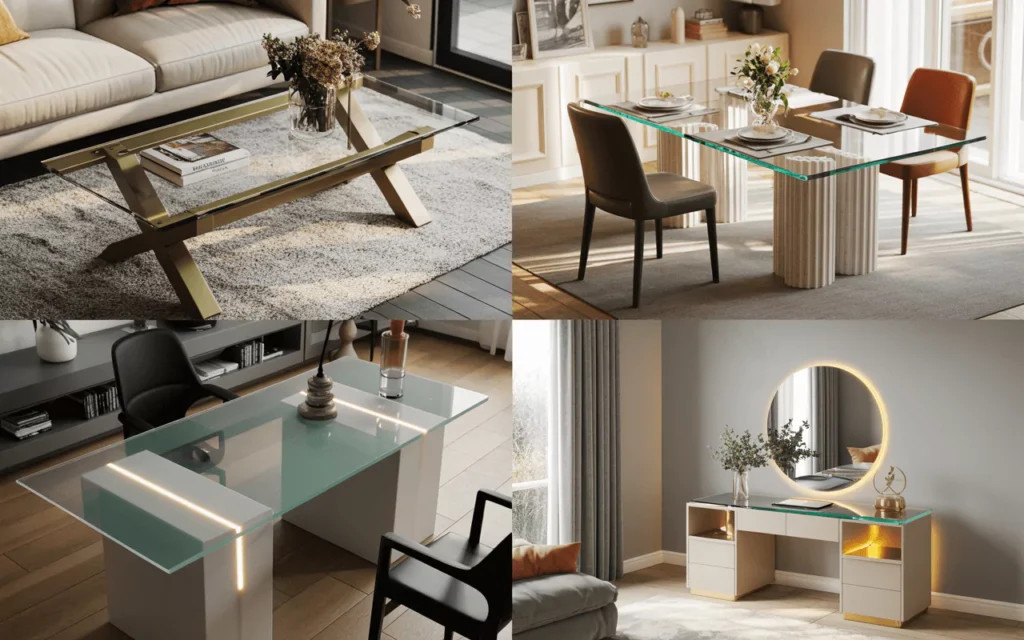 Collage of living, dining, office, and bedroom spaces styled with glass tables, showing elegance, openness, and function.