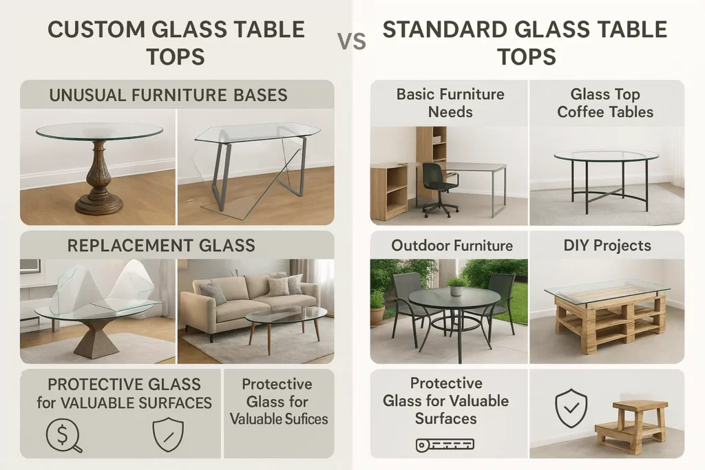 Comparison of custom vs. standard glass table tops, highlighting use cases, with images and icons for each scenario.