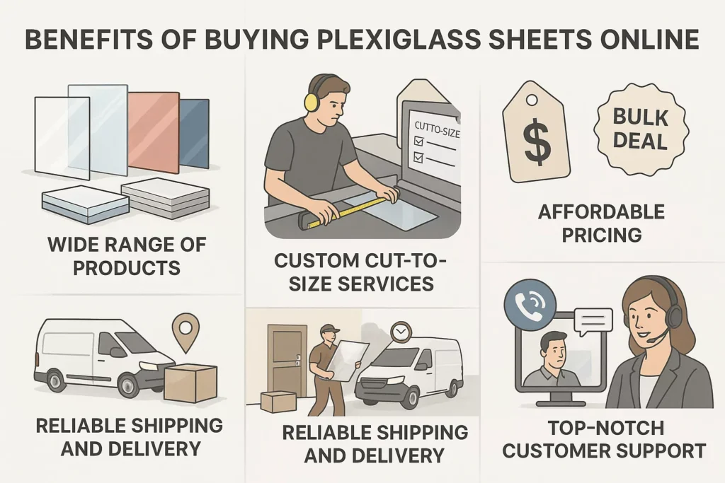 Visual guide showing Plexiglass benefits: product variety, custom cutting, savings, quick delivery, and expert live support.