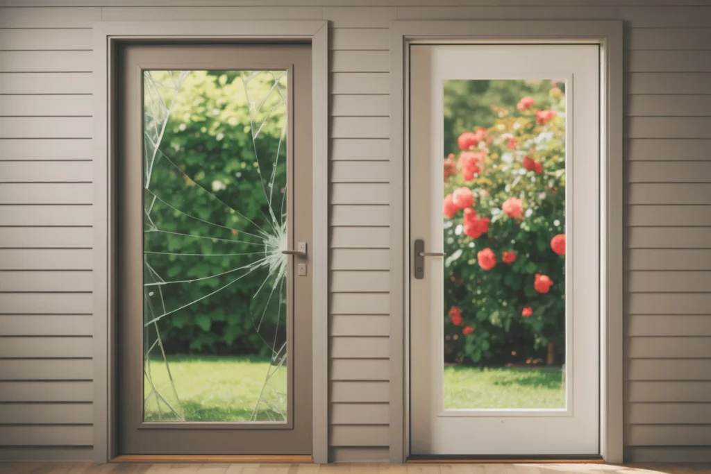 Cracked glass door next to a clear plexiglass door with roses outside, highlighting material difference.