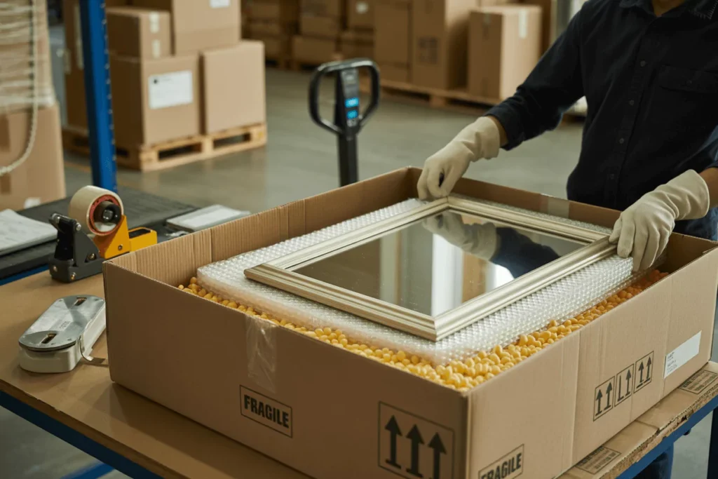 Tech double-boxes a mirror foam-lined inner box into oversized outer with foam/peanuts; tape gun; warehouse scene safe.