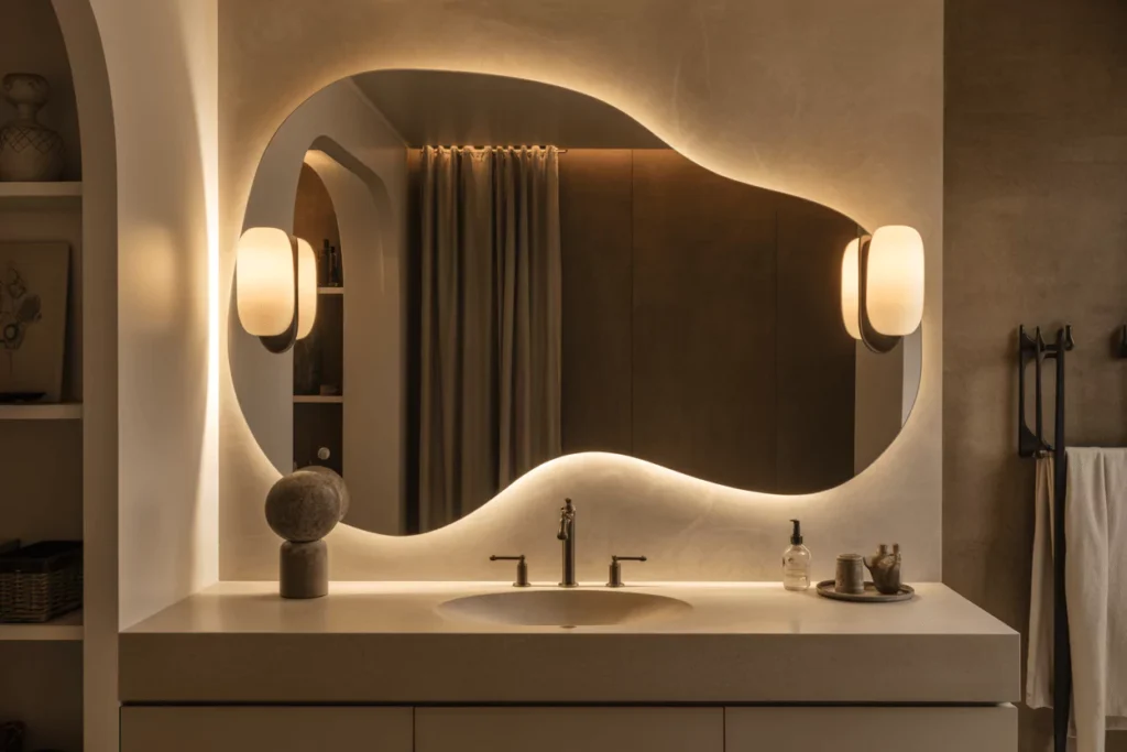 Eclectic bathroom with a large asymmetrical sculptural mirror above the vanity, highlighted by soft ambient lighting.