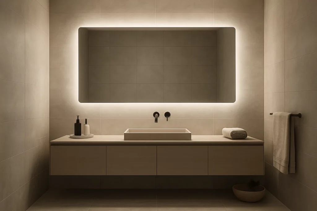 Modern bathroom with a large backlit LED mirror above a floating vanity, glowing softly for ambiance and grooming.