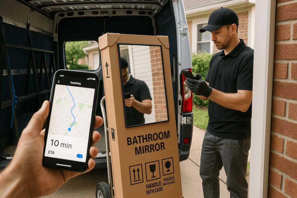 Driver unloads fragile mirror crate; scans barcode, snaps delivery photo; tracking ETA shown; padded van interior.
