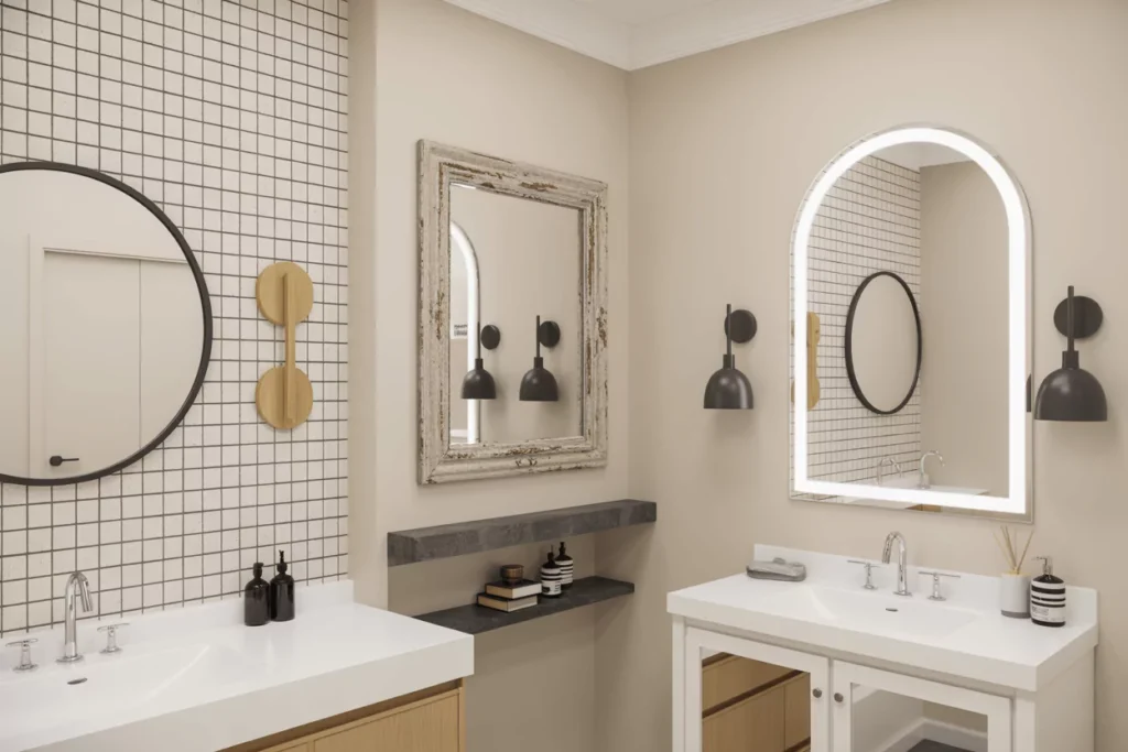 Bathroom showcasing modern round, backlit, vintage rustic, space-saving, and asymmetrical artistic mirrors.