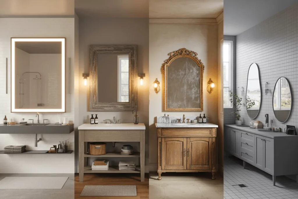 Modern frameless backlit; rustic wood frame; ornate vintage; unique layouts—trio and oversized mirrors.