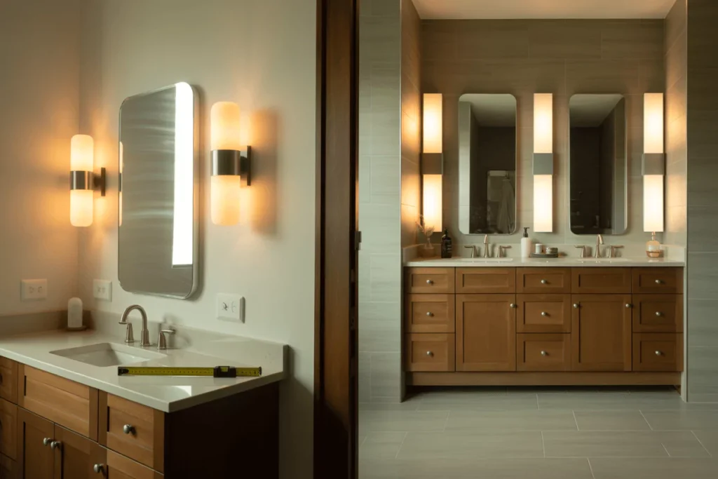 Single vanity mirror narrower with 5–10 in gap, sconces; double vanity: two centered mirrors with diffused light bar.