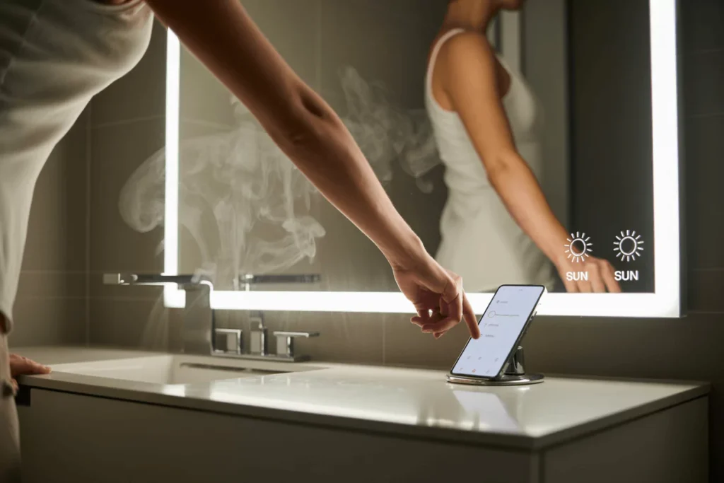 Steamy modern bath with anti-fog LED mirror; person does makeup in shadow-free light; energy app, shelves visible.