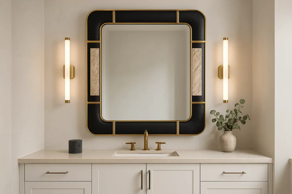 Contemporary bathroom with a bold-framed vanity mirror featuring black, brass, and textured mixed-material accents.