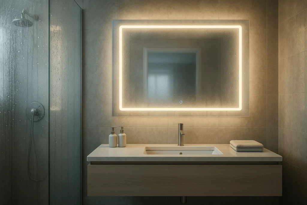 Steamy master bathroom LED backlit mirror with anti-fog shows clear center, fogged edges above a floating vanity.