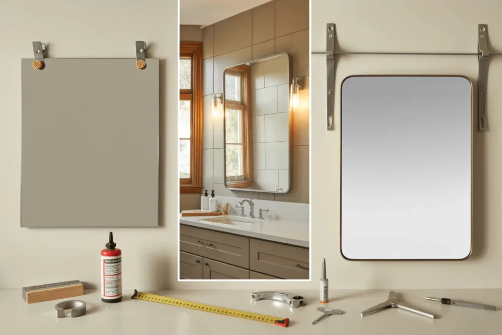mirror slightly narrower than vanity; frameless in J-channel with clips; framed on cleat; sizing tools.