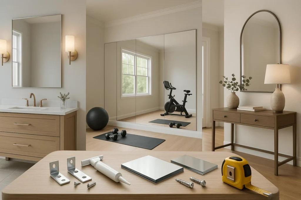 Bathroom frameless mirror, gym wall-to-wall panels, and living-room mirror; tools and edge samples neatly in foreground.