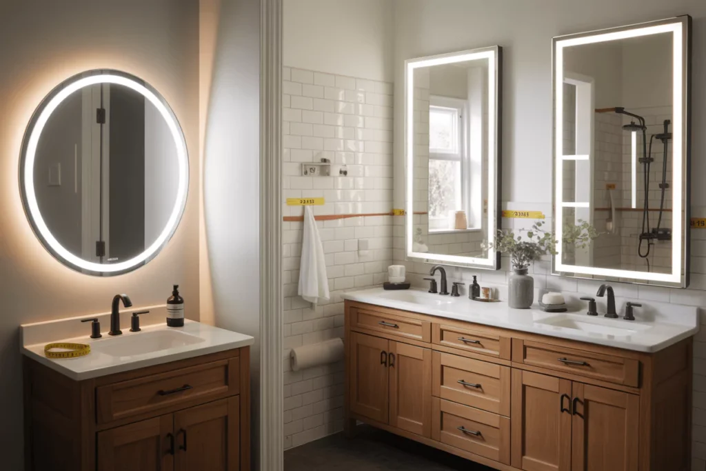 Small vanity with round/rect LED; double vanity with one large or two mirrors; full wall with full-length LED mirror.