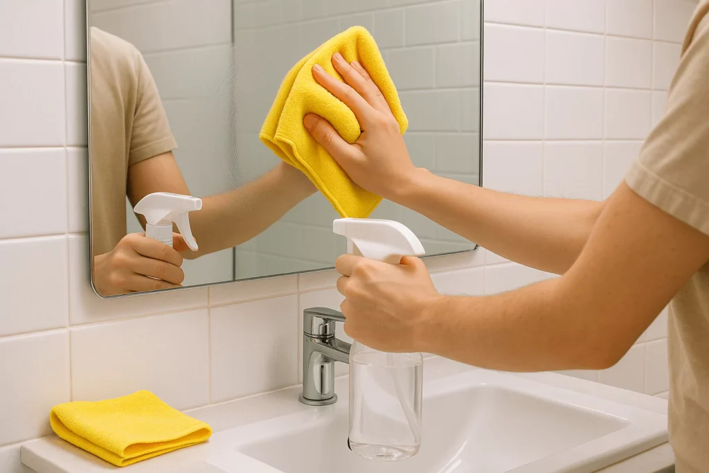 Bathroom scene with a person cleaning a mirror using a microfiber cloth and vinegar solution for streak-free results.