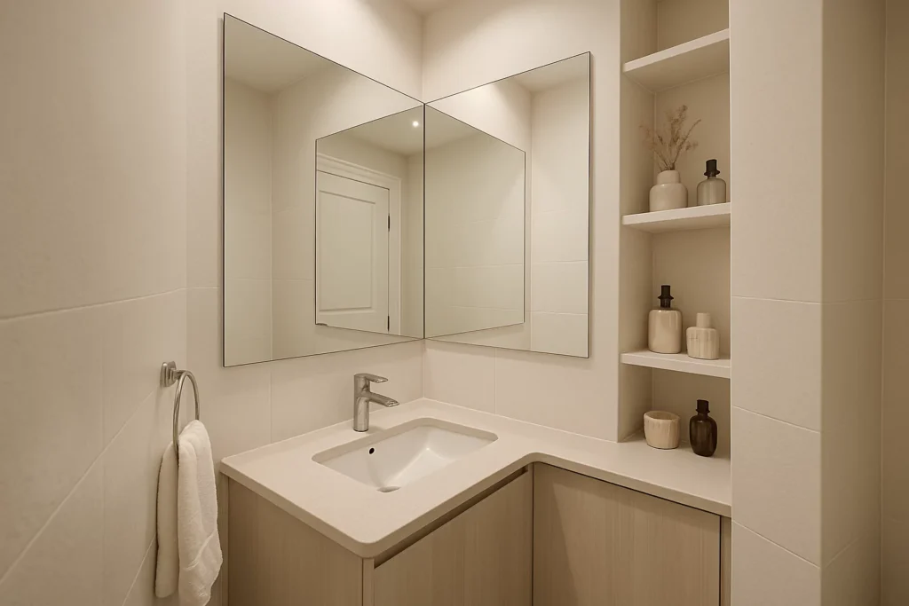  Small ensuite bathroom with a corner mirror above an L-shaped vanity, adding light, space, and subtle shelving. 