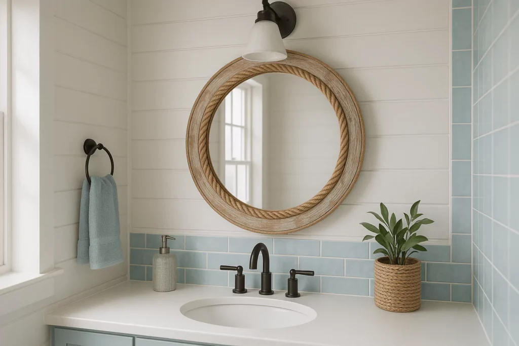 Coastal bathroom with a distressed wood mirror, rope detailing, sea-glass tiles, and white shiplap for a nautical vibe.