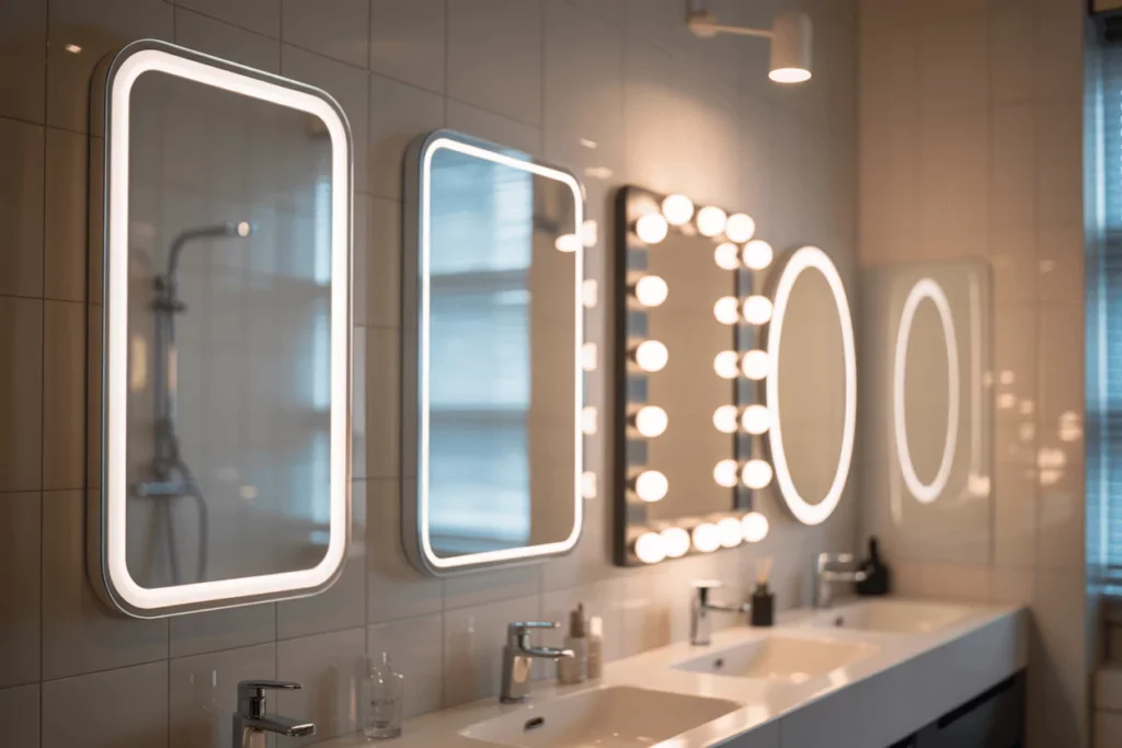 Four mirrors basic LED, anti-fog in steam, Hollywood vanity with magnifier, and minimalist round ring-light wall mirror.