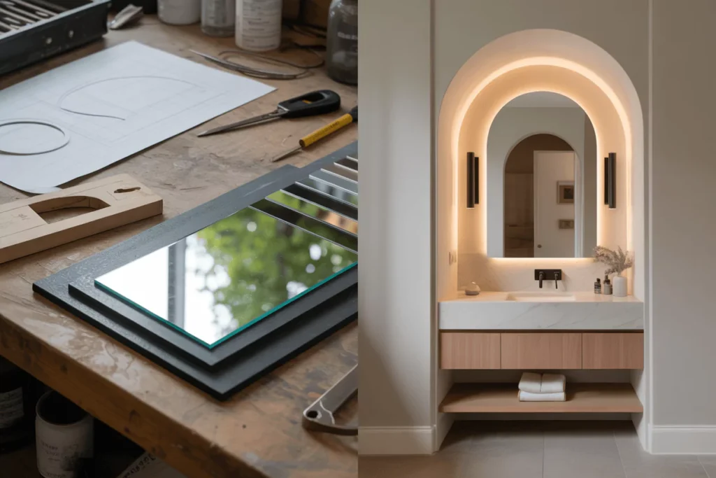 Workshop and bath edge samples—flat, pencil, bevel—safety backing, cutout template, custom round, oval, square mirrors.