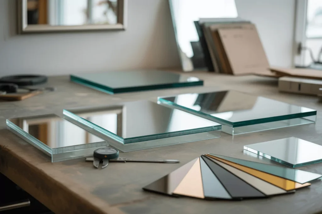 Workbench with mirror samples in 3 thicknesses; calipers shown; safety backing; low-iron vs standard; bronze/gray tints.