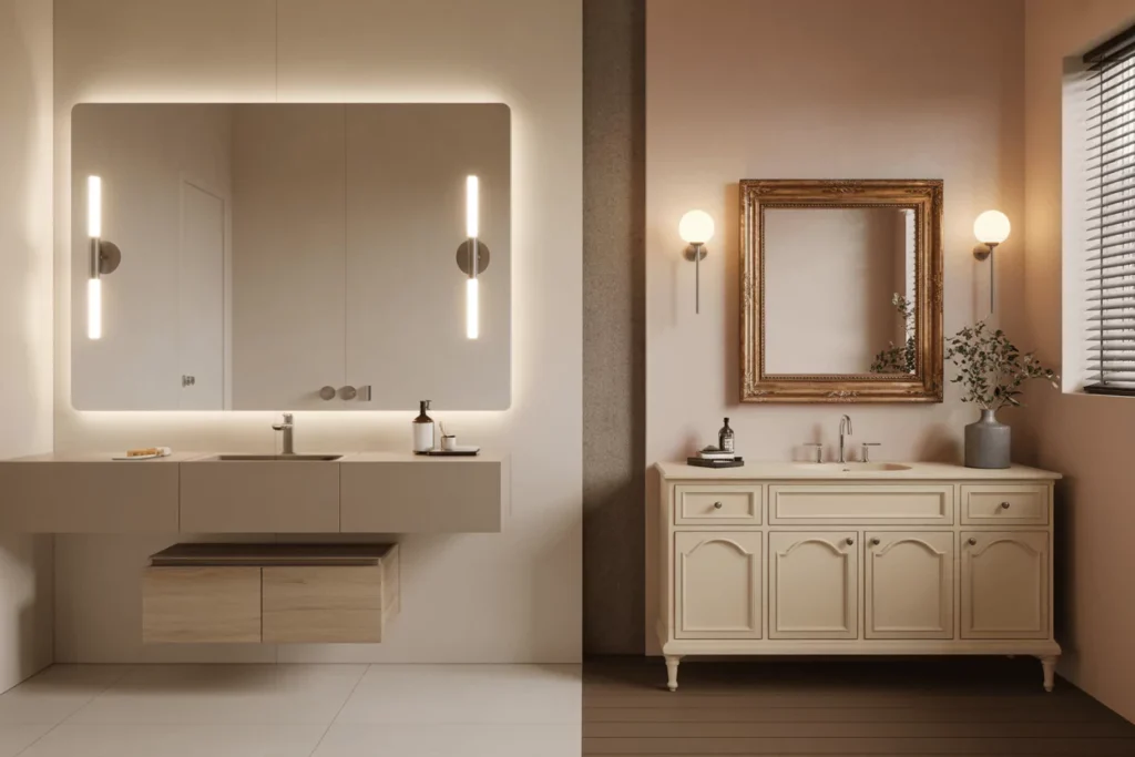 Modern bathroom with frameless LED-lit mirror and traditional vanity with ornate framed mirror side by side.
