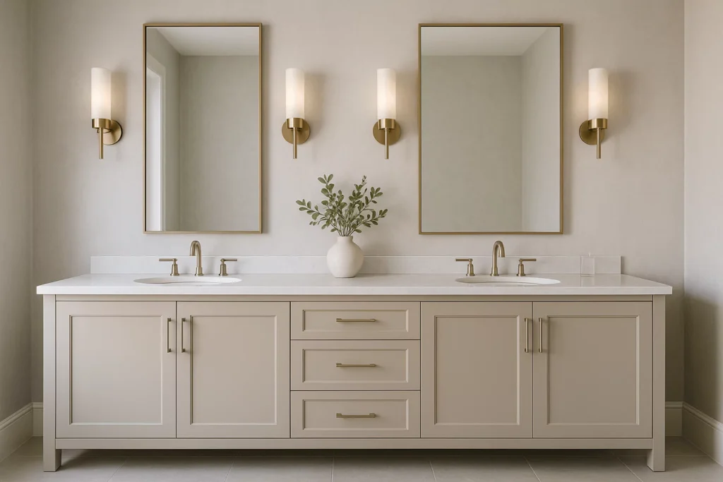 Modern double vanity bathroom with twin vertical mirrors above each sink and an alternative full-width spanning mirror.