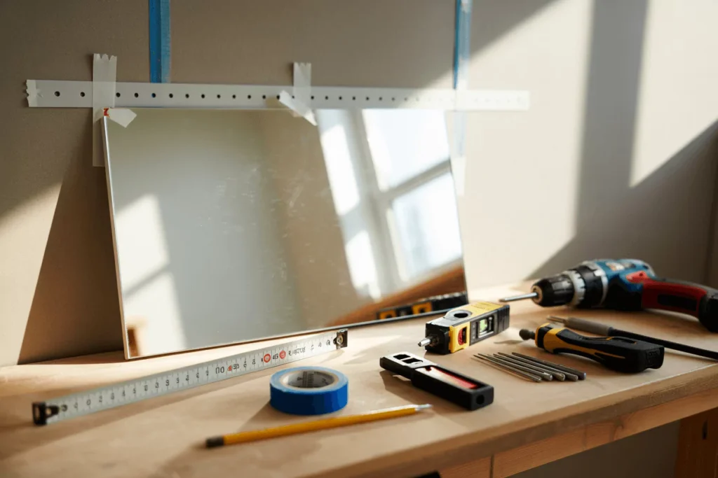 Workbench with level, drill, tape, studfinder, goggles, clips, cleats, anchors; frameless mirror mounted rear; adhesive.