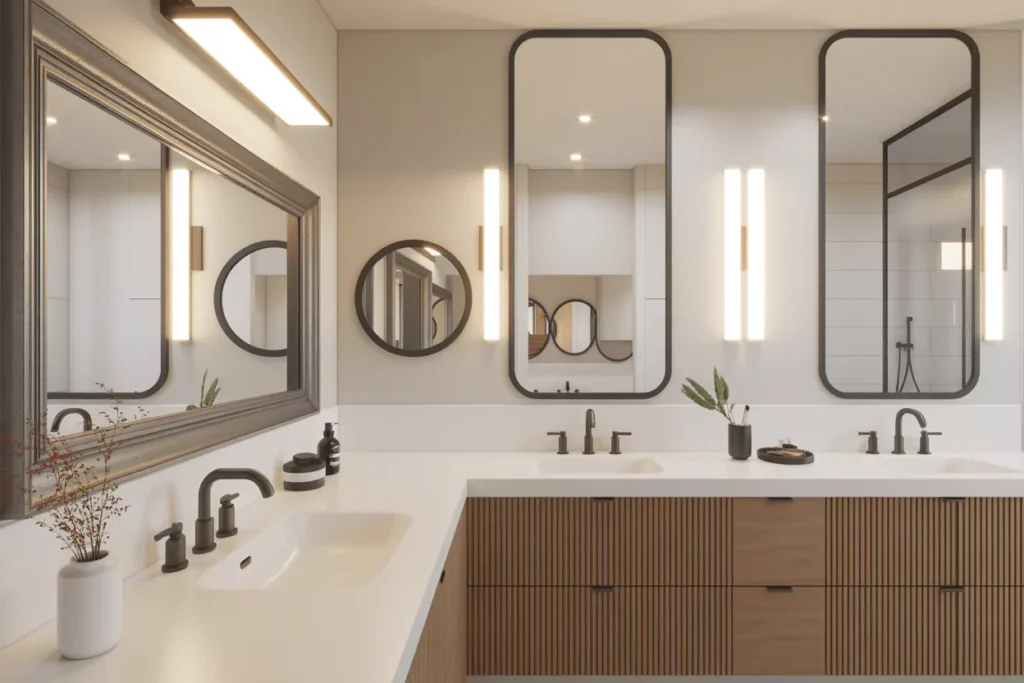 Modern bathroom showcasing framed, frameless, round, twin, and full-wall mirrors with integrated lighting options.