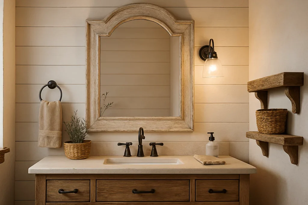 Farmhouse bathroom with a rustic arched wooden mirror, whitewashed finish, shiplap wall, and warm rustic accents.