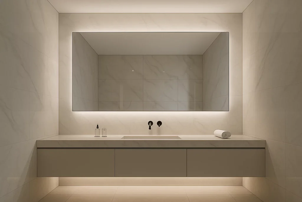 Modern bathroom with a floating mirror panel above an underlit vanity, creating a hovering futuristic effect.