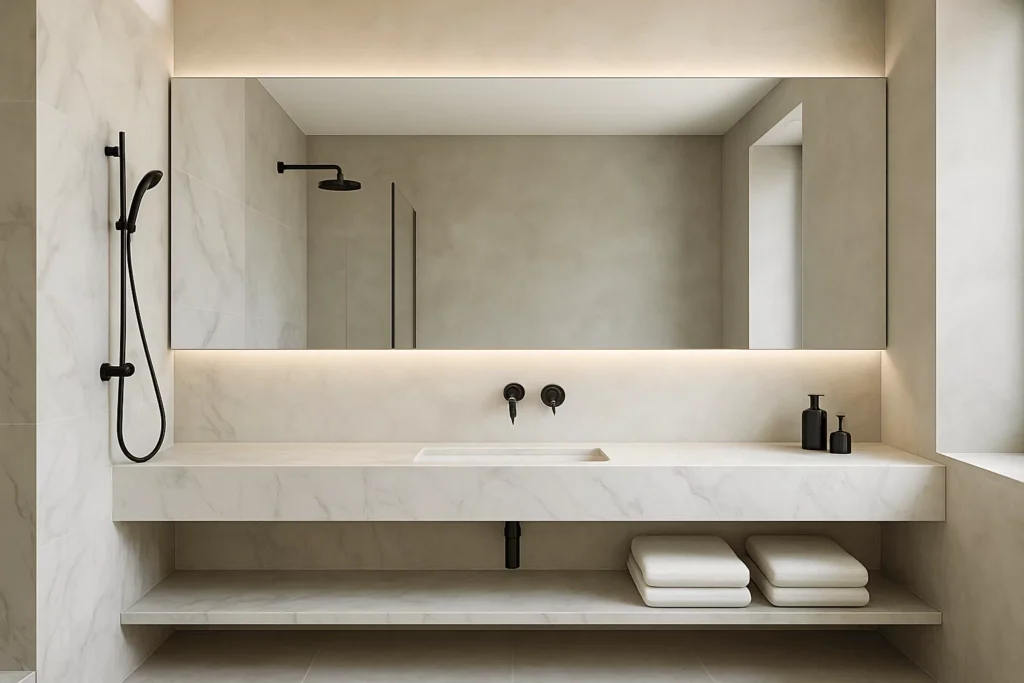 Frameless edge-to-edge bathroom mirror blending with marble walls, creating a bright, spacious, spa-like ambiance.