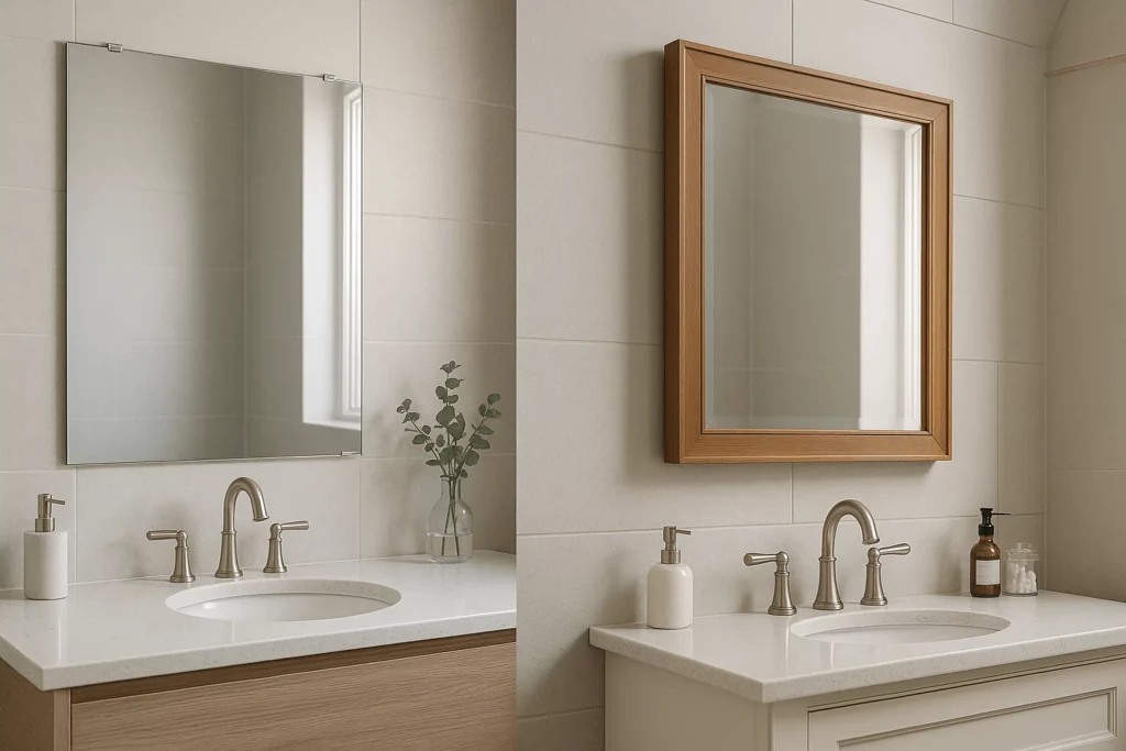 Split bathroom scene frameless mirror in J-channel with clips vs framed mirror on French cleat over traditional vanity.