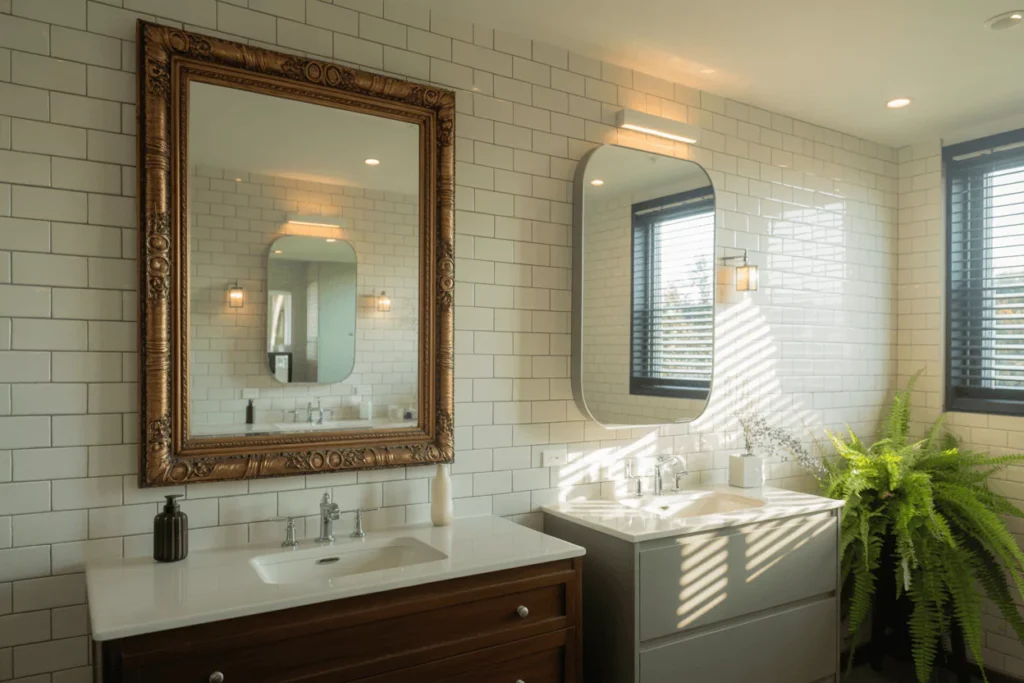 Modern bathroom with a framed wooden mirror beside a sleek frameless mirror, both wall-mounted above vanities.