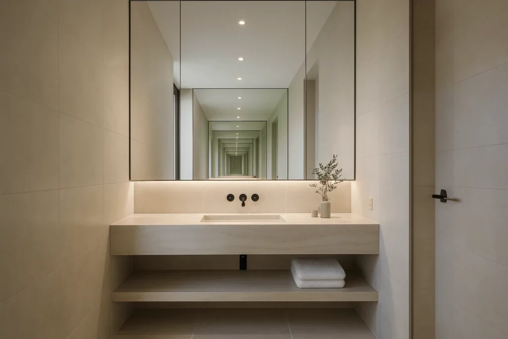 Luxury bathroom with a full-wall mirror reflecting light, creating spaciousness and a minimalist, spa-like feel.