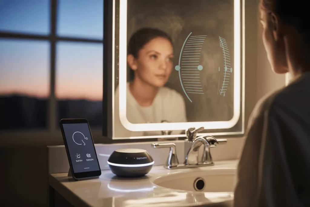 Dusk bathroom with warm AI-lit LED mirror; voice assistant and phone app control; subtle AR makeup guides in reflection.