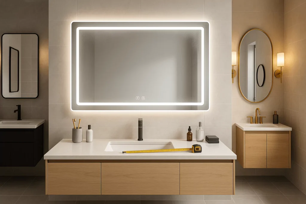 floating vanity, backlit mirror sized to vanity, measuring tape, black framed and gold oval mirrors in nooks.
