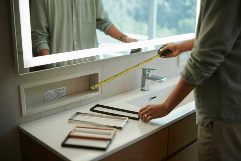 Design consult measuring vanity; LED mirror dimming; frameless vs framed; wall vs recessed; anti-fog, touch controls.