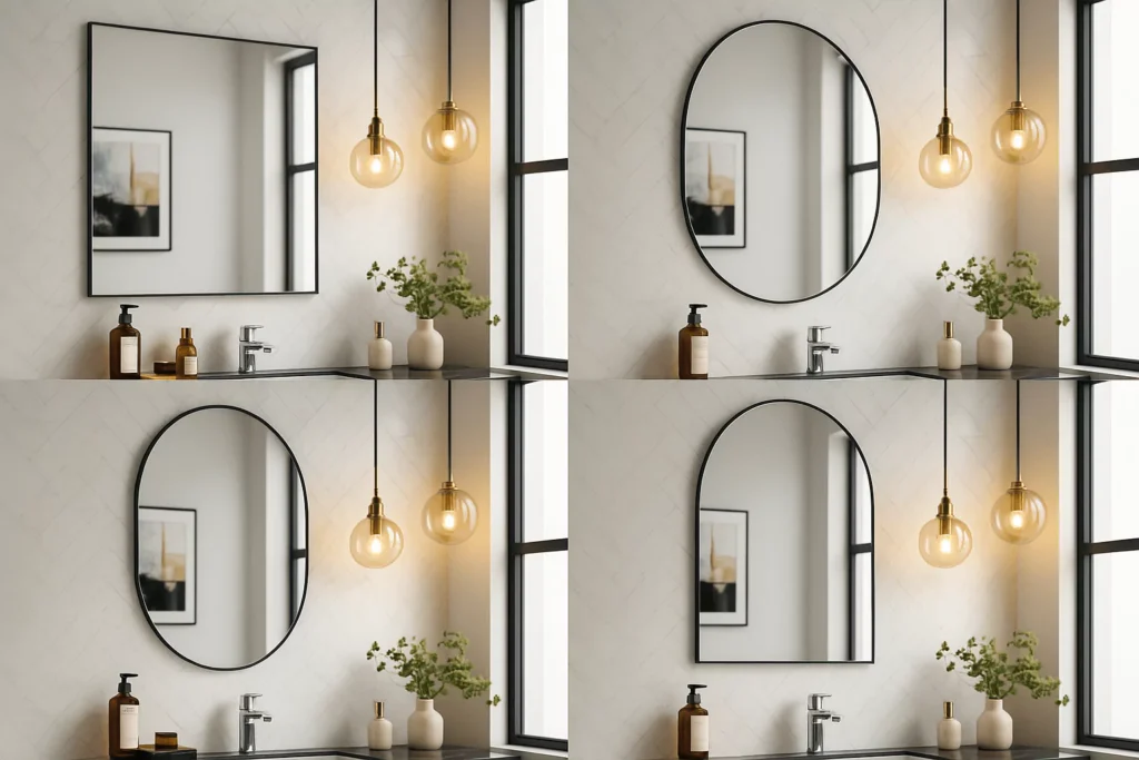 Modern bathroom showing rectangular, oval, round, and arched mirrors sized proportionally for single and double vanities.