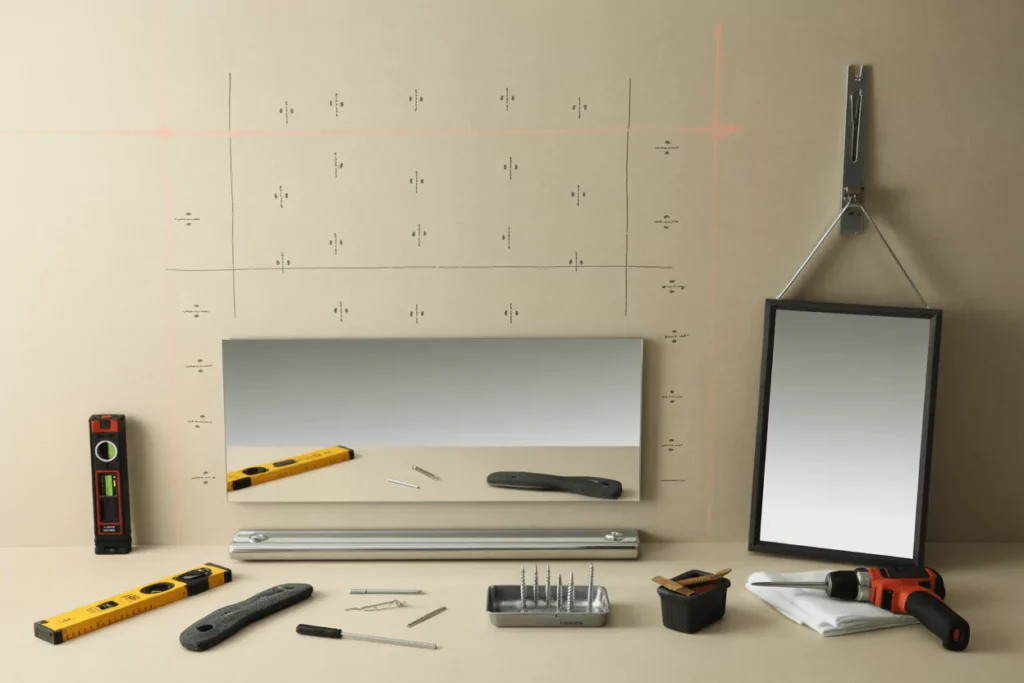 Bathroom install: marks, laser line; J-channel mounted; adhesive dabs; studs marked; clips, tools ready; mirror set.