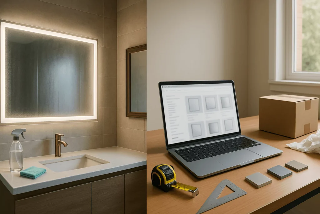 Steamy bathroom mirror wiped with microfiber; desk with laptop product grid, tape, edge samples, and shipping box.