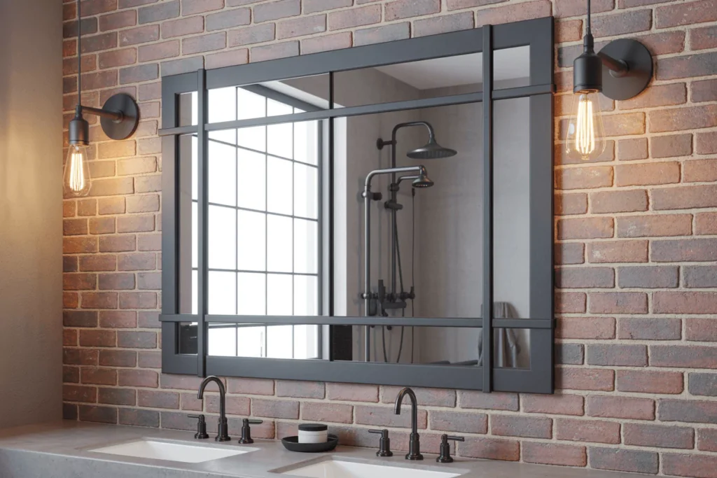 Urban loft bathroom with a black iron grid mirror, exposed brick wall, Edison bulb sconces, and matte black faucets.