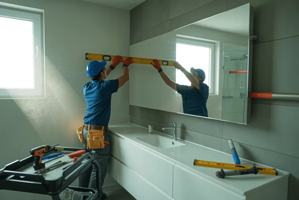 Worker installs large frameless bathroom mirror with clips, drill, and level above vanity in modern tiled wall.