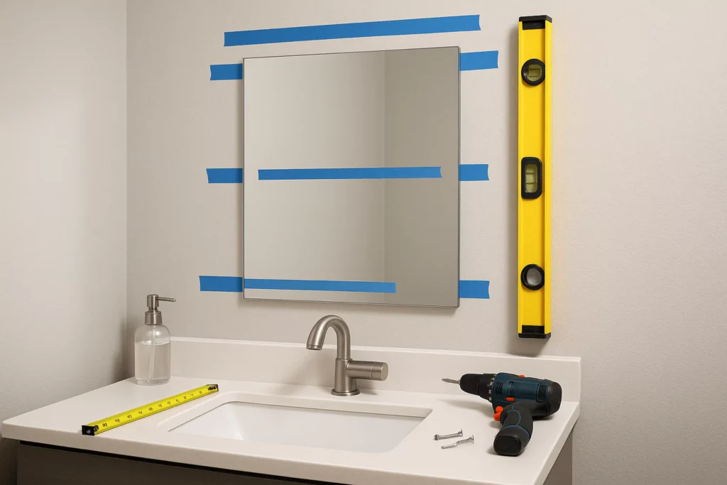Bathroom scene showing a mirror being installed above a sink with measuring tape, level, and drill for accurate placement.